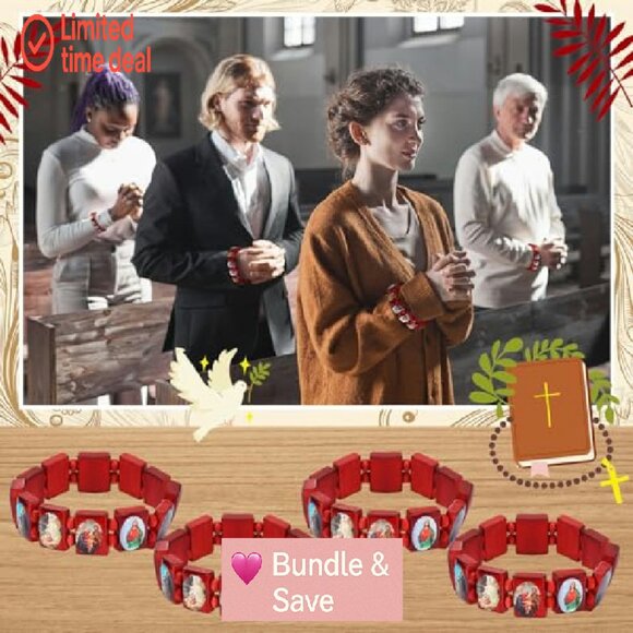 12 Pc Wood Stretch Bracelets Jesus Virgin Mary Saints Religious Gift Set - Picture 7 of 8